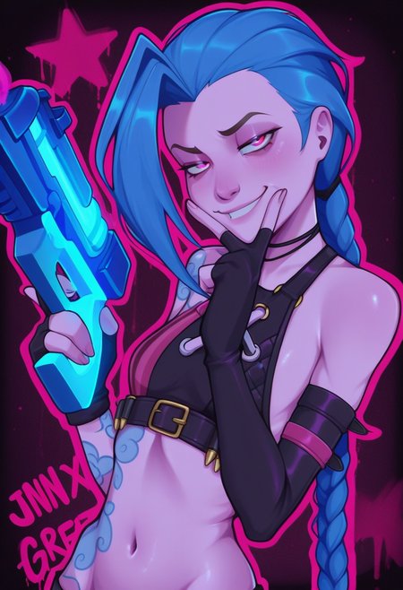 tozierstyle, masterpiece,  best quality, solo,  jinx\(league_of_legends\), blue hair,  skinny, blue hair, smug,  holding blue plasma gun,  black erratic pink graffiti background,