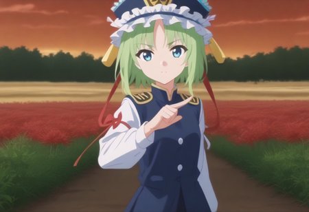 1girl, solo, solo focus, highres, absurdres, shikieiki, green hair, frilled hat, blue eyes, blue headwear, short hair,
long sleeves, black skirt, white shirt, blue vest, red ribbon, epaulettes, small breasts, arm ribbon, buttons, 
looking at viewer, head tilt, from side, bare hands, hand up,
spider lily, flower field, night sky, red sky, dark, red theme,