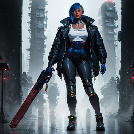 (score_9, score_8_up, score_7_up), masterpiece, , best quality, high quality, highres, cinematic shot,  (neon lights, cyberpunk cityscape, panorama)
BREAK
full body, 1women, dark-skinned female, solo, blue hair, behind cover, (holding a 40kchainsword),
BREAK
(cyborg, cybernetic neck, bionic torso, bionic skin:1), jacket, shirt, pants,
<lora:add-detail-xl:0.8> <lora:Perfect Hands:0.8> <lora:Concept Art Twilight Style SDXL_LoRA_Pony Diffusion V6 XL:0.8> <lora:Expressive_H:0.8>    <lora:sinfully_stylish_SDKL:0.8>  <lora:Chainsword_-_Warhammer_40000_Pony_SDXL:1>