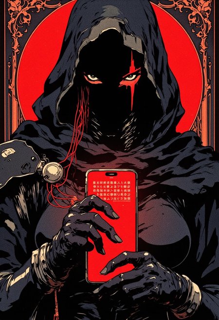 Flat color ff-fbs style image, Slomesty. This striking, high-contrast composition in deep matte black, blood-red highlights, and faint silver accents evokes the tension of a silent, unseen predator. The Art Nouveau-inspired curves now resemble the intricate, flowing etchings of a masterfully crafted blade, each line precise yet organic, balancing lethal intent and elegance. The elongated, stylized ninja is a shadow given form, clad in a skin-tight, segmented bodysuit of woven nanofibers, designed to absorb light and distort perception. The armor plating is minimal, placed like the exoskeleton of an otherworldly predator, with her hood draped low, merging with the void. A single, glistening red streak marks her mask, the only break in her obsidian silhouette.
In this close-up portrait, she gazes directly at the viewer over the sleek, glowing smartphone she holds in both hands. The deep crimson screen casts ominous shadows over her concealed features. A faint, encrypted message scrolls across the display in an unknown language—perhaps her next target, or the final words of an enemy already defeated. Thin, red-tinted wires extend from her fingertips, connecting to the phone’s surface like cybernetic nerves feeding directly into the device.
