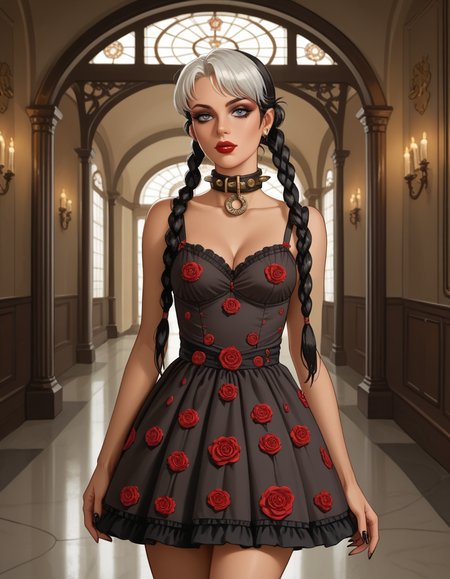 Steampunk style score_9, score_8_up, score_7_up, score_6_up, score_5_up, score_4_up, hud_gthd0l, 1girl, solo,The chamber exudes enchantment, and the princess bewitches in her daring ((rococo shepherdess dress)), her heart yearning for what the future may hold within the haunting splendor of the setting., two-tone hair, white hair, black hair, twin braids, black nails, collar, lipstick, makeup <lora:hud_gthd0l_XLP:0.6>,Ornate Mirror Hallway, Reflective, ornate, lair, deceiving , Tsunako, Retro arcade bar with vintage arcade games and a wide selection of craft beers . Antique, mechanical, brass and copper tones, gears, intricate, detailed