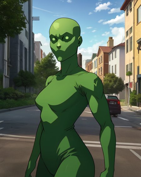 grnghst,green bodysuit,glowing eyes,
standing,upper body,
outside,streets,dawn,
(insanely detailed,masterpiece, best quality),<lora:greenghost:0.8>,