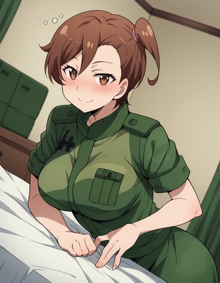 score_9, score_8_up, score_7_up, source_anime, <lora:shino-kuribayashi-s1s2-ponyxl-lora-nochekaiser:1>, shino kuribayashi, short hair, brown hair, brown eyes, side ponytail, large breasts,, uniform, military, military uniform, green uniform,, indoors, bed, bed room, on side, blush, drunk,, smile, looking at viewer, hand on stomach, blush,, solo,, cowboy shot, dutch angle