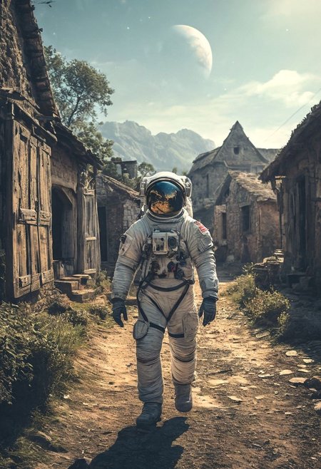 photo of astronaut walking in a old village in the background