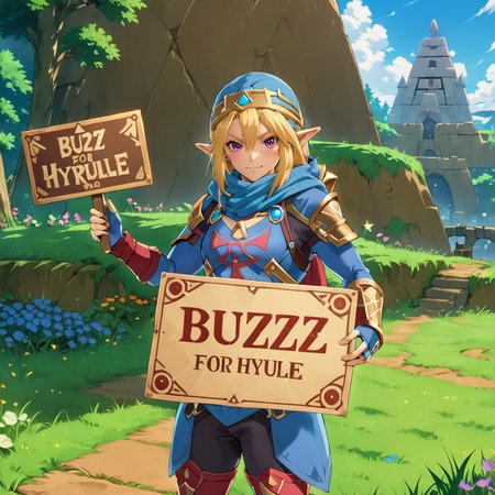 <lora:texta:0.9>  (holding a sign with text "Buzz FOR HYRULE":1.65),<lora:SheikXL:0.6> SheikXL, blue outfit, woman, 1girl, blonde hair, red symbol, triforce, (anime, masterpiece, intricate:1.3), (best quality, hires textures, high detail:1.2), (4k),(incredibly detailed:1.4),UHD, 8K, ultra detailed