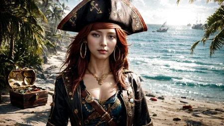 (young redhead pirate woman), (portrait), sharp focus, (ultradetailed), (standing), (happy) smile, pirate (ship galleon:1.2,  hoop earrings, gold medallion, Musket Brownpirate clothes, pirate hat, hips, (pirate parrot:1.2),  pirate (village), leafy beach coast, (treasure chest with coins, gems and jewels:1.2), rum barrel, best quality masterpiece,  bright sunny sky, backlight, natural lights, high contrast, hdr, shadows, pretty, beautiful, feminine, sexy, adorable, lovely, in love, (PirateDiffusionprt:0.5),  <lora:Pirate:0.3>  PrateT  <lora:PirateRealms:0.3> <lora:Detail Tweaker LoRA add_detail:0.8> <lora:depth_of_field_slider_v1:5> <lora:SDXLrender_v2.0:0.9>
