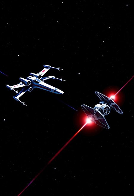 **Scene Prompt:**
The vast expanse of space is dotted with distant stars as two sleek starfighters engage in a high-speed pursuit. A Rebel X-Wing, its engines roaring as it zips through the void, tailing a nimble TIE Fighter weaving erratically ahead. The X-Wing's pilot, gripping the controls with precision, watches the TIE's every move, waiting for the perfect moment to strike. 
The TIE Fighter, its iconic twin ion engines glowing bright, zips and banks sharply, trying to shake its pursuer. Red blaster fire streaks across space as the X-Wing returns fire, narrowly missing its target. The TIE Fighter dives into a spiral, trying to confuse its attacker, but the X-Wing follows, pushing the limits of its engines.
As the battle intensifies, the black void of space becomes a deadly arena, each pilot’s skill tested to the limit. The tension mounts—will the Rebel outmaneuver the Empire, or will the TIE Fighter find an escape route?