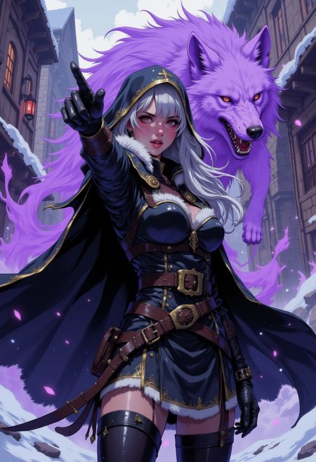 DGC style, a young woman with perfect body and white hair wearing hunting attire with fur lining and a hooded cape. She points her finger forward, screaming while the wolf made out of purple mist comes out from under her cape, rushing forward. The background is a medieval city street at winter