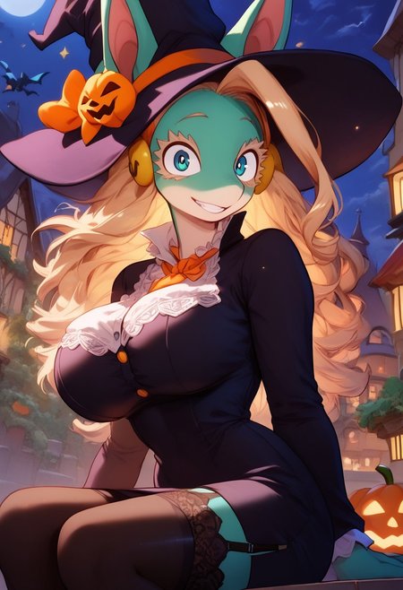score_10 , score_9_up, score_8_up, score_7_up , score_6_up, vibrant colors, shiny_skin , prefect lighting, detailed image, snoozing , masterpiece , best quality , highly detailed ,
BREAK
1girl , solo , (anthro female:1.2, (ippan_josei, mint green skin female)), curvy ,  thicc , (hyper breast) , smiling , black thigh highs , black garter belt , black dress , (lace) ,
<lora:witch-ponyxl-lora-nochekaiser:1>, witch, hat, witch hat, dress, halloween, halloween costume, jewelry, 
night, moon , halloween , village , tree , bat , cinematic composition , dynamic pose , sitting ,
