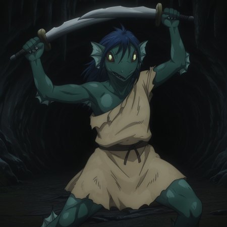 masterpiece, best quality, amazing quality, FishmanslfIL, anthro, green skin, blue hair, head fins, black sclera, yellow eyes, torn clothes,  tan tunic, cave, fighting stance, holding daggers, dual wielding