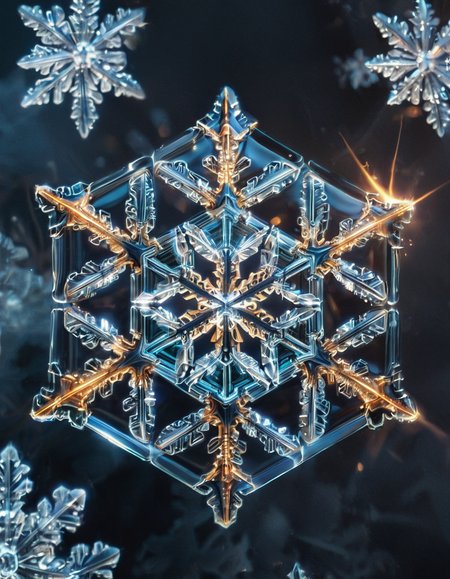 (high quality), (masterpiece), (detailed),8K, An award-winning glowing snowflake, encased in a perfectly transparent glass bubble, floats delicately within a surreal winter setting. Its intricate, symmetrical crystalline patterns radiate a mesmerizing, golden luminosity, blending warm hues of amber, peach, and soft rose that glow softly through the glass. The bubble is adorned with delicate frost patterns along its edges, reflecting and refracting the snowflake’s warm light, casting a magical aura on its surroundings. Encased within, the snowflake sparkles with fine detail, as if suspended in time, evoking feelings of joy, serenity, and wonder, captivating all who witness this breathtaking masterpiece, glowneon, geometric, GlowingInk