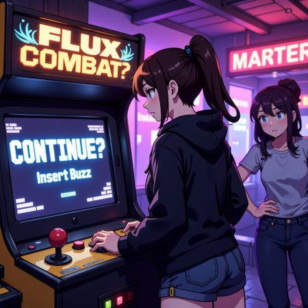 A Flat colour anime style image showing medium shot of a female character being observed from behind as she stares at a video game machine in a dimly lit futuristic arcade. The machine has a joystick and 2 buttons: one red, one green. The girl, wearing a stylish black hoodie and denim shorts has an angry and frustrated look on her face.  Her skin reflects the glow of the machine. She has brown hair, carefully tied up in a ponytail. She's upset because she just lost in her video game. At the top of the video game machine is a bold title that reads, "FLUX COMBAT". The viewer is able to clearly see the text on the screen of the machine. It reads, "CONTINUE?" in large pixelated font on the top line. On the second line in smaller pixelated text, it clearly reads, "Insert Buzz". The image employs a vibrant, high-contrast color palette, heavily saturated with shades of purple, yellow, and blue, characteristic of comic book and cyberpunk aesthetics. Ensure the lighting draws attention to the character and the screen of the arcade machine.