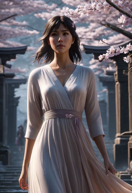 Graphics Unreal Engine 5, 3D Modeling, UV Mapping, Texture, Rendering, Graphics quality ray tracing, Particle System, 3D Manufacturing Formats, Cartesian Coordinate, Acrylonitrile Butadiene Styrene, ghostblade WLOP art style, 5 Centimeters per Second , fullbody a Character woman wear fashion Nightgown made from thin silk material,scene 5 Centimeters per Second,  ultra hdr, ghostly beauty, windy, raw photo, lighting, intricately detailed, digital art, ride the beast, high detail, 4k resolution, a dramatic view , dynamic motion blurlens flares, more dramatic lighting, deeper and more contrasted shadows, a colder color grading, more Cherry blossom petals