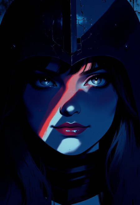 A shadow-drenched close-up portrait of a voluptuous gothic knightess rendered in classic noir style. Her face emerges from darkness, lit by a single diagonal beam of pale light cutting across her cracked metal helm. Her skin is porcelain-pale with a bluish undertone, almost spectral. Her lips are parted in a sly, knowing smile — too sharp, too dangerous. Her crimson eyes glow faintly beneath heavy, seductive lashes, as cigarette smoke curls around her cheekbones. There’s a quiet, lethal grace to her expression — the face of a killer lover in a forgotten war, shot on grainy film in a world of moral decay. Cool, timeless, fatal.sref3840648xx5391, vibrant digital painting, ethereal, surreal style of bright, clashing colors