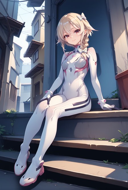 score_9, score_8_up, score_7_up, score_6_up, score_5_up, score_4_up,anime source,
 usami,1girl,blonde hair,braid,white hair bow, smile,
 Evasuit08, white bodysuit,
sitting on stair,alley,  <lora:UsamiXLPony:1>,<lora:Eva08XLPony:1>