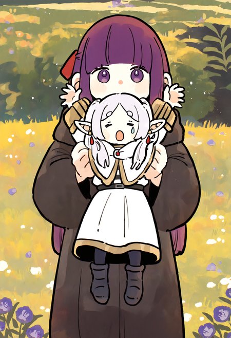 masterpiece, absurdres, newest, very awa,   chromatic abberation,  2girls,    frieren, teardrop earrings, long hair, side locks, parted bangs, pointy ears, capelet, gold trim, striped shirt, skirt, brown footwear, small eyebrows, upper body only,   fern-small,fern \(sousou no frieren\), purple eyes, purple hair, short hair, hair ribbon, red ribbon, black robe, hooded robe, black footwear, :o, = =,  wide shot straight-on, lifting person, armpit carry, size difference,    <lora:spo_sdxl_10ep_4k-data_lora_webui>,  <lora:TA_trained:0.35>,  <lora:NOOB_EPSv1_1_detailer_by_vlnvk_v0_5>,  <lora:omoguuu:0.8>,  <lora:fern-small_IllustriousXL_last:0.7>
