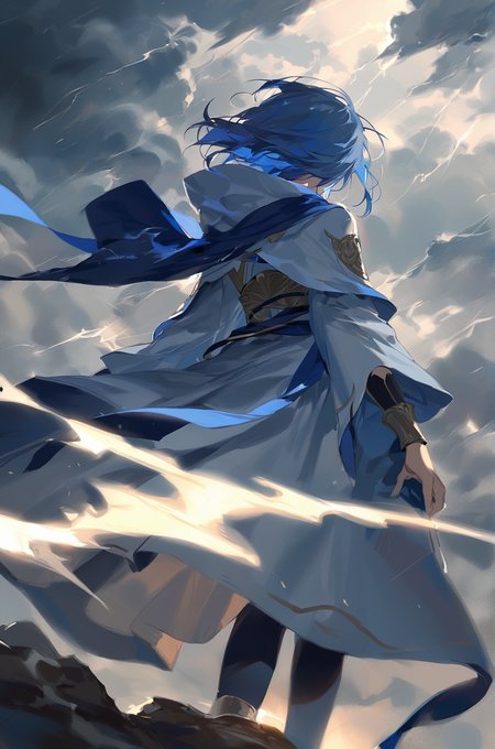 masterpiece, hyper detailed, best quality, extreme detailed, illustration, 1girl, blue hair, mage, storm, lighting, cloudy sky, from behind