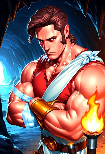 masterpiece, best quality, amazing quality, very aesthetic, absurdres, newest, gohheracilxl, 1boy,  (brown hair, loose curl, sideswept hair:1.1), mature male, male focus, belt, muscular, sandals, red underneath vest, brown shorts, white toga, single cloth armband, leg bandages, bulging muscles, greaves, belt buckle, sideburns, inside, cave, torch, close up, portrait, upper body, arms crossed, pensive,