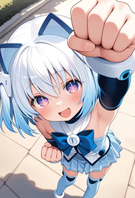 1000-chan, blue hair,  animal ears, cat ears, purple eyes, gradient eyes, short hair, gradient hair, white hair ornament, symbol-shaped pupils, flatchest,
blue bow, bare shoulders, arm warmers, white anklet, blue detached sleeves, blue pleated skirt, zettai ryouiki, over-kneehighs, blue thigh boots, 
 <lora:1000-chan_Illustrious-XL-2.0_v1:1>
standing, dynamic pose , open mouth, blush,smile,:d,(fist_pump,arm_up,clenched_hands:1.2),from above looking at viewer,(upper body,close-up,:1.3), outdoors, masterpiece,best quality,amazing quality, solo,1girl,