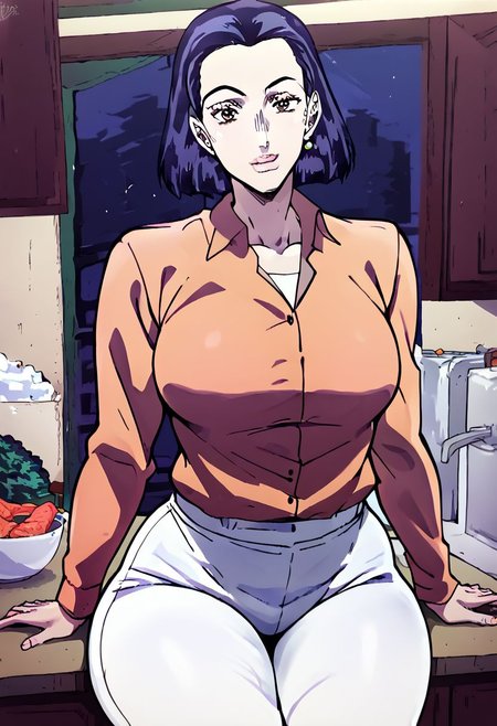 ASCII  score_9, score_8_up, score_7_up, score_6_up, score_5_up, score_4_up, tomoko_higashikata, 1 girl, solo, short hair, purple hair, brown eyes, kitchen, sitting on table, milf, voluptuous body, salmon shirt, teasing, milf body, thick thighs, big hips, best quality, masterpiece, 8K, salivating, horny, looking at viewer, white pants, perfect face, White undershirt,
