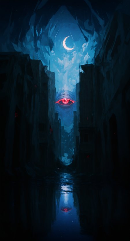 masterpiece, best quality, good quality, very aesthetic, absurdres, newest, Huge pupil, red eyes, eye focus, eye reflection,Long glowing eyelashes,looking_at_viewer, half-closed eyes,
outline of the face appears in the air,cracked space,crescent moon, abandoned, blue sky, building, cloud,dilapidated, flood, moon, night, night sky, no humans, outdoors, post-apocalypse, ruins, scenery, sky, star (sky), starry sky, water, window, Cinematic Lighting,crack of light, Wide Shot,reflection <lora:ponyv5_noobV065S_1_adamW-000013:0.7> <lora:ATNR_STYLE_XL_P-000016:0.7> <lora:96YOTTEA-WAI:0.7>
