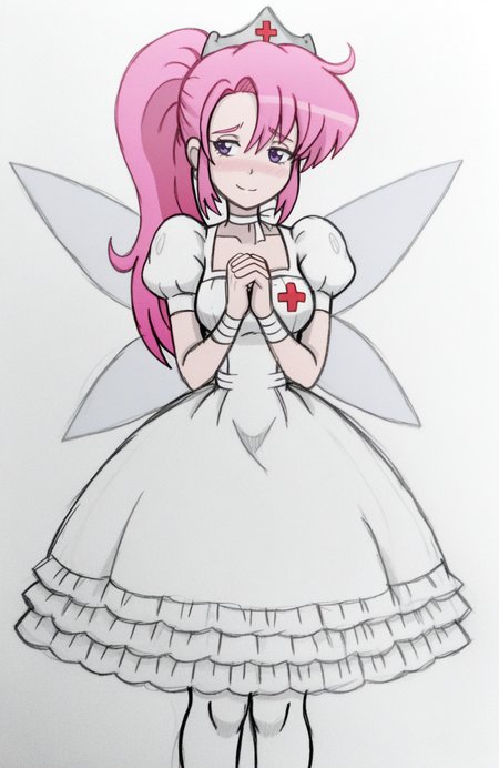 1girl, solo, latex, fairy tale dress, puffed sleeves, layered skirt, white pantyhose, ribbon choker, tiara, standing, hands clasped in front, soft smile, bittersweet glance, sad, nurse redheart \(mlp\),
 <lora:SnidelyOne:1> snidley, traditional media, sketch, hatching \(texture\), colored pencil \(medium\), , extremely detailed, highres, masterpiece, best quality