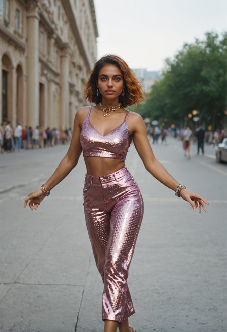 score_9, score_8_up, score_7_up zPDXL3  (vivacious disco dancer) young woman, indian, ebony skin, olive green eyes, tiny, medium ginger bob hair,  wearing radiant purple sequin crop top, flared pants,sequined ballet flats,  sparkly bangles,rhinestone choker, shimmery blush, set in the disco era, the 70's, in a serene park transformed into a disco paradise, with colorful lighting, a DJ booth, and a dance floor where people can groove to the music, at night  ,zPDXLrl,  dynamic pose,    <lora:detailed_notrigger:1>