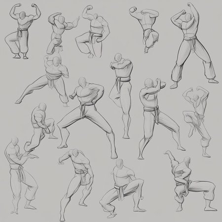 super dynamic character poses, random poses and angles, 5 poses, male focus, martial arts, angled view, clearly defined masterpiece body posing, clean sketches, line art,
