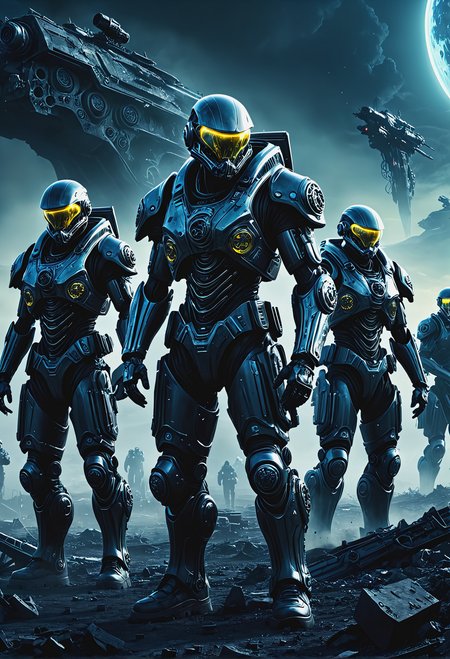 Sci-fi dark art Distopian post apocalyptic off world alien planet at war night time Cyborg Soldiers in Gears, realistic surrealism, futuristic, dark, influence High Dynamic Range; dark art, UHD, 64K<lora:John Berkey Style:0.6>
