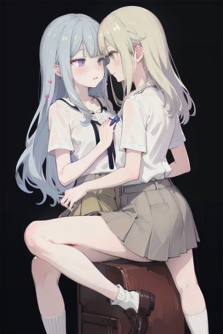 2GIRLS,YURI,front side,looking_at_another,upright straddle,girl on top,leg lock,<lora:pose-å¯¹åè¿éleg lock variant front view:0.6:lbw=0,0,0,0,0,0,1,1,1,0,0,0,0,0,0,0,0>,
blush,masterpiece,best quality,absurdres,white background,
ADDCOMM,
<lora:char-mygo_ä¸°å·ç¥¥å­togawa_sakiko_bangdreamitsmygo:0.7:lbw=0,0,0,0,0,0,0,0,1,1,1,1,0,0,0,0,0>,togawa_sakiko_bangdreamitsmygo,äºº-mygo-mygo_ä¸°å·ç¥¥å­togawa_sakiko_bangdreamitsmygo,parted lips,embarrass,shy,
yellow eyes,(black_ribbon:1),light blue hair,(ribbon:1),(hair_ribbon:1),long_hair,bangs,sidelocks,bare shoulders,short socks,loafers,miniskirt,frilled shirt,flat chest,
ADDCOL,
<lora:char-mygoä¸è§åè¯ Misumi Uika (Bang dream! Ave Mujica):0.7:lbw=1,0,0,0,0,0,0,0,1,1,0,0,0,0,0,0,0>,
misumi uika,bright blonde hair,purple eyes,elder sister,crazy smile,
shorter hair,white shirt,dark yellow skirt,short sleeves,flat chest,
