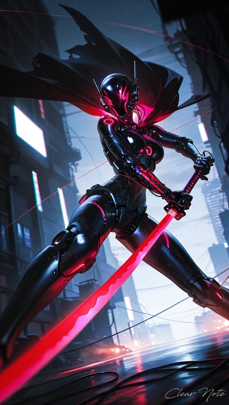 A jet-black cyborg wields a katana. That blow cuts through the space.