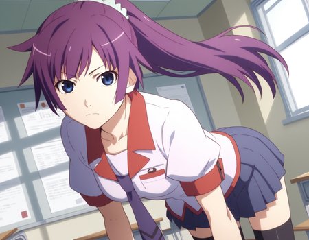 score_9, score_8_up, score_7_up, source_anime,
hitagisenjougahara, <lora:hitagi-senjougahara-anime-ponyxl-lora-nochekaiser:1>,
hitagi senjougahara, long hair, bangs, ponytail, sidelocks, scrunchie, blue eyes, purple hair,
skirt, thighhighs, school uniform, necktie, black thighhighs, zettai ryouiki, naoetsu high school uniform,
indoors, classroom, bent over,
looking at viewer, cowboy shot, dutch angle,