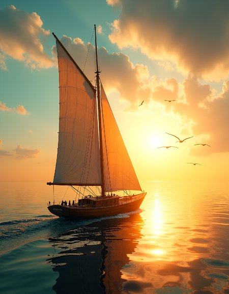 Chiaroscuro Lighting Style, A solitary sailboat glides effortlessly across a calm sea under golden sunlight. The sails catch the warm light, billowing gracefully as it reaches for distant horizons. The sky transitions from soft blues to vibrant oranges and yellows, creating a gradient that stretches infinitely. Water reflects the sun's rays like a mirror, adding splashes of gold and silver. Seabirds glide overhead, silhouetted against the brilliant light. The sailboat's wooden hull is weathered, revealing textures of aging wood. The entire scene captures the freedom and serenity of exploration under an expansive, luminous sky.