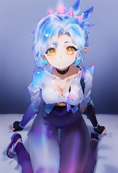 score_9, score_8, score_7_up solo BREAK 
1girl, BREAK medium breasts, seductive look,by yuio, <lora:yuio_style_PONYXL:1>,<lora:Mizah_style:1>,<lora:J.K_Pony_test_v1:1>,
BREAK Tracerkpop  , Tracer (overwatch),looking at viewer,blush,<lora:Lord_Moku:1> BREAK RivenSBXL, sidelocks, single horn, pointy ears, medium breasts, black choker, collar bone, single bare shoulder, cleavage, white kimono, purple sash, multicolored sash, purple elbow gloves, fingerless gloves, purple pants, asymmetrical clothes, greaves, purple sandals BREAK v over eye,backhand BREAK lui-newyr, white hair,slime blue skin wet