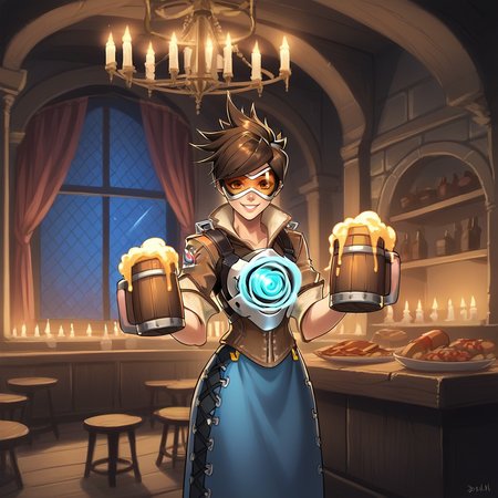 score_9, score_8_up, score_7_up, score_6_up, score_5_up, score_4_up, zPDXL2,source_anime,rating_questionable, 1girl, solo,  night, night time,standing, medieval dress, holding beer mug, looking at viewer, tracer_(overwatch)      , smile, <lora:Tavern:0.7> t4v3rn, indoors, tables, window, chandelier, candles, food, crowd