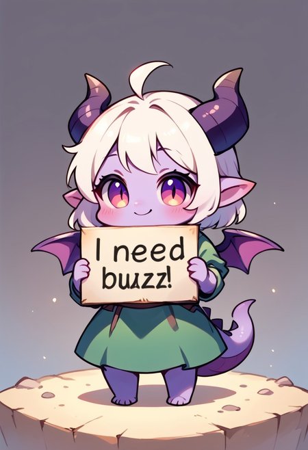 need_buzz, holding sign, smiling, nice green dress,
Female dragon,  dragon horns, dragon wings, dragon tail, 
Purple scales, purple skin, colored skin, 
White hair, short hair,
solo, score_9, score_8_up, score_7_up, source_anime,  cute, chibi, kawaii, 2d color, simple color,  simple shading, flat color, chibi body, chibi art style:1.1, fca_style, super deformer,