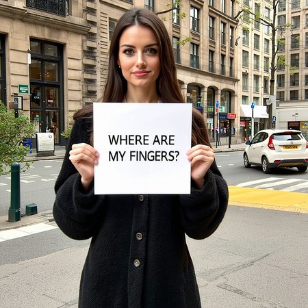 a beautiful woman holding a sign saying "WHERE ARE MY FINGERS?"