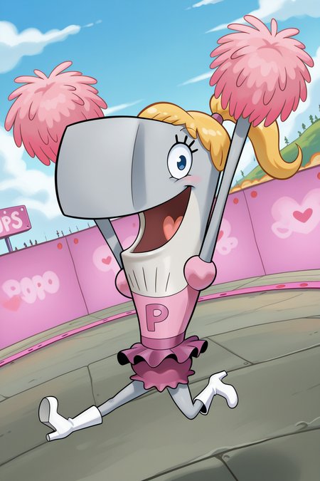masterpiece, best quality, amazing quality, absurdres, solo, pearlkrabs, grey skin, smile, open mouth, pom pom \(cheerleading\), jumping, looking at viewer, dutch angle, blonde hair, ponytail, pink dress, purple skirt, white heels, outdoors, stage