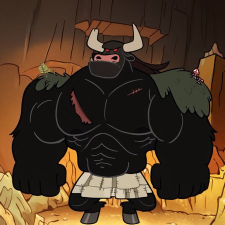 Leaderaur, red eyes, muscular, scar, furry male, giant, pectorals, minotaur, abs, loincloth, long hair, moss on shoulders, cave, score_9, score_8_up, score_7_up,  score_6_up, close up, portrait, detailed face, detailed eyes,