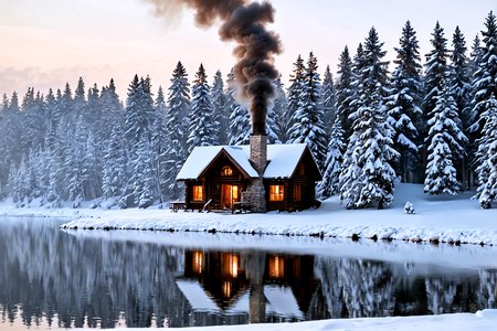 Stable_Yogis_PDXL_Positives,<lora:sdxl_lightning_8step_lora:1>,A cozy lakeside cabin surrounded by snow-covered trees, with smoke curling from the chimney, The serene winter landscape evokes feelings of warmth and comfort,âââ