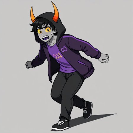 grey skin, 1boy, male focus, yellow sclera, black hair, horns, yellow sclera, solo, hood, hood down, black sweat jacket, full body, pants, simple background, jacket, troll, nubhorns, purple shirt, scared, running, arms out, hands out,
BREAK,
three-quarter view:1,
BREAK,
