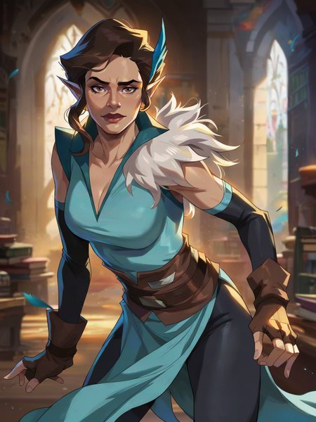 <lora:Vex:0.6> ve_x, 1girl, half-elf, elf ears, brown hair, braid hair, brown eyes, blue feather in hair, blue sleeveless shirt with apron, fur shoulder pad, brown belt, brown fingerless gloves, black sleeves, black leggings, looking at viewer,
 <lora:Concept Art Brush Style LoRA_Pony XL v6:0.9> realistic, concept art, digital art, score_9, score_8_up, score_7_up,