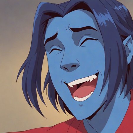 score_9, score_8_up, score_7_up, score_6_up,
1boy, animated character, nightcrawler, blue skin, portrait, pointy years, laughing, 
<lora:Nightcrawler_X-Men_Evolution:0.8>