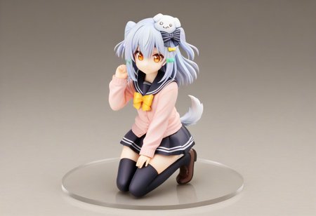tamakiDefault, 1boy, dghd, dog hair ornament,  blue hair, grey hair, two side up, orange eyes, hair between eyes, dog tail, otoko no ko, multiple hair bows,  black bow, yellow bowtie, black skirt, black thighhighs, brown footwear, pink cardigan,