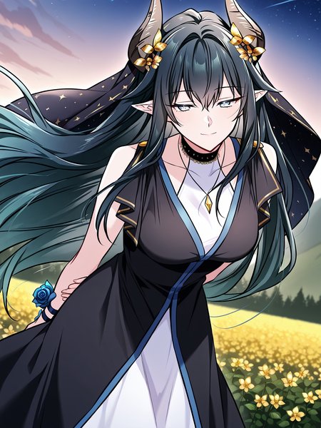 <lora:Regressor_Instruction_Manual__Dialugia:1>
1 girl, solo, long hair, straight hair, black hair, greenish blue hair, gradient hair, bangs, hair ornament, golden flowers, elf ears, horned girl, horns, 
white dress, black outer robe, blue lining, blue trim, black cloak, starry cloak, layered outfit, black and gold accents, golden trim, choker, black choker, sleeveless dress, long dress, open cloak, necklace, blue rose bracelet
score_9, score_8_up, score_7_up, very aesthetic, source_anime, detailed, high quality, beautiful, masterpiece, detailed eyes, field, blurry background, pose dynamic angle, upper body, cowboy shot, light smile, floating hair, half-closed eyes, hands behind back, leaning forward, looking forward, looking at viewer