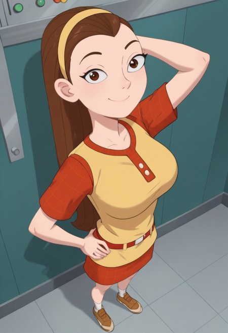 ((room background)),score_9, score_8_up, score_7_up,score_6_up, (detailed face and eyes:1) 
1girl, solo, Lydia_MML, light skin, dark brown eyes, small pointed nose, brown hair, long straight hair, light yellow headband, light yellow sleeveless sweater, red plaid undershirt, red plaid skirt, red belt, white socks, light brown sneakers, average height, social smile, perfect eyes, perfect smile, looking at the viewer, detailed eyes, perfect eyes, standing, big breasts (front pose, front view, full body shot, high angle view:1) five fingers, perfect hands, (one hand on hip, one hand behind head)
