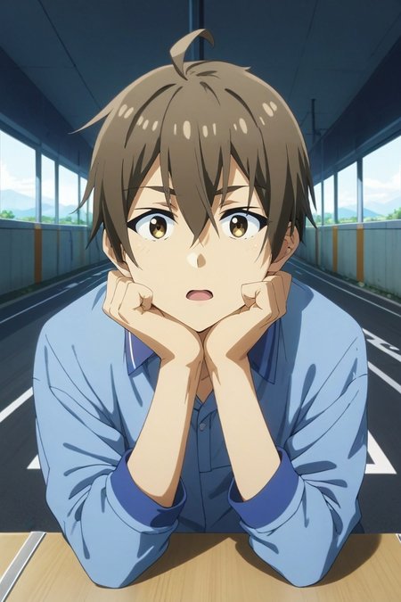 score_9, score_8_up, score_7_up, , rating_safe, , , looking at viewer, , 1boy, solo, male focus, <lora:hideki_nishimura_pony:0.84>, hideki_nishimura, brown hair, brown eyes, short hair, hair between eyes, ahoge, full body, highway, indoors, dark, breast rest, open mouth, ,, <lora:sdxl_lightning_8step_lora:1>