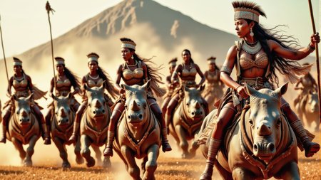 Real photograph of an army of African warrior women,  black skin, Nubian, beautiful, breathtaking,  athletic, (small breasts:1.4),  earrings, necklace, wrist bands,  dangerous, fierce, determined, battle hardened,  mounted atop angry and ferocious rhinoceros,  cavalry charging into battle with lowered spears, shields and spears bearing war decorations,  fierce angry painted faces full of rage, yelling fierce war cries,  African Savannah with mount Kilimanjaro in the background,  intricate details, masterpiece, elegant, complex patterns,  (full body shot from head to toe:1.6),  dramatic and dynamic morning lighting, intense atmosphere,  <BaroqueColorful:0.72>
