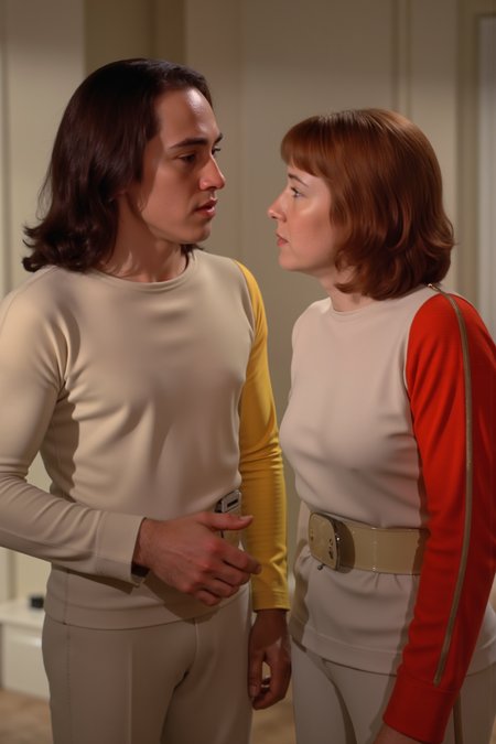 a young handsome man with black longer hair wearing beige s1999unf with right yellow sleeve telling a joke to older woman with red hair wearing beige s1999unf with right red sleeve. in a <lora:S1999_FLUX><lora:aidmaMJ6.1-FLUX-V0.1:0.6><lora:Movie_Portrait><lora:Flux DetailerV2>