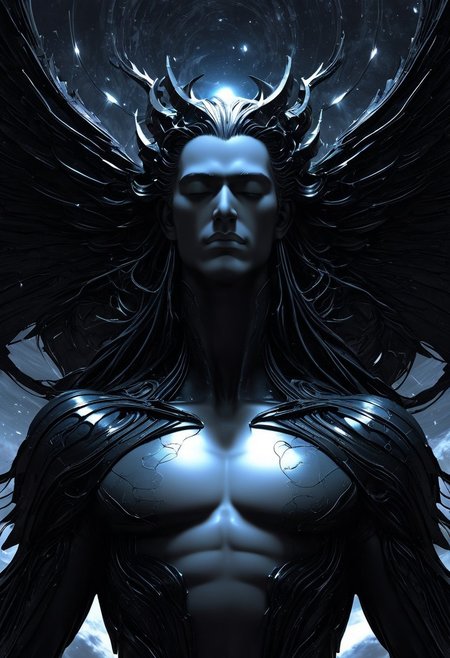 Create an image of Morpheus, the Greek god of sleep, standing amidst a dreamscape, his presence both ethereal and serene. His form is cloaked in black flowing robes made of shifting, mist-like fabric, as if woven from the very essence of slumber. His face is youthful and calm, with eyes closed as if in a perpetual state of peaceful rest, yet his expression radiates quiet power and tranquility. Around him, a surreal dreamworld unfolds—floating islands, soft clouds, and twisted, otherworldly visions fill the air. Morpheus’s outstretched hand gently releases tendrils of glowing, opalescent mist that curl and transform into dream-like visions—fragments of memories, desires, and fears. His wings, delicate and translucent, shimmer like a reflection of moonlight on water. The atmosphere is peaceful, yet slightly surreal, as if the boundaries between reality and dream are blurred. The scene captures Morpheus’s divine ability to shape dreams and bring rest, embodying the quiet, mysterious force of sleep.
black long flowing hair, pearl white skin
, moody light, by H.R Giger, 4k resolution digital art trending on Artstation and unreal engine 5, hyperrealism, full body shot, glowing eyes, cinematic, epic, masterpiece, surreal, fantasycore, hyperdetailed, ultra realistic, octane render, volumetric lighting, depth of field, bokeh, 8 <lora:Details:0.85>